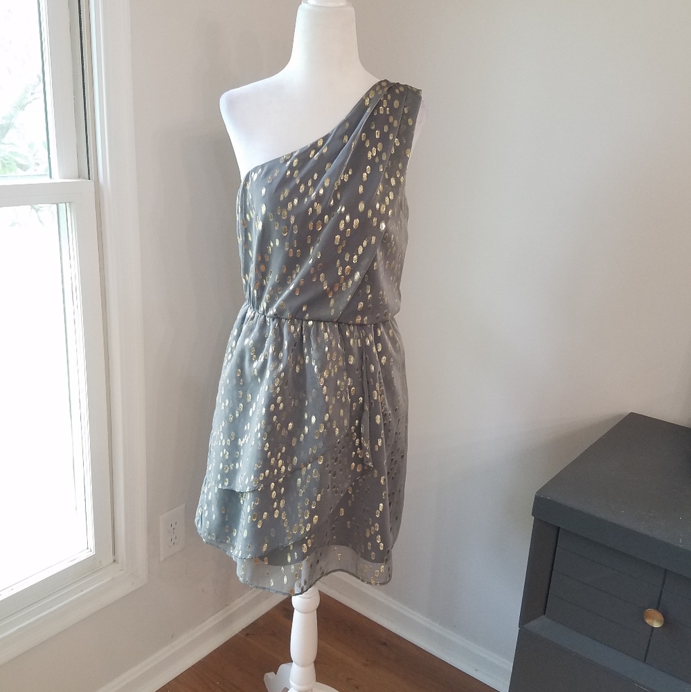 BCBGeneration one shoulder grey and gold dot dress